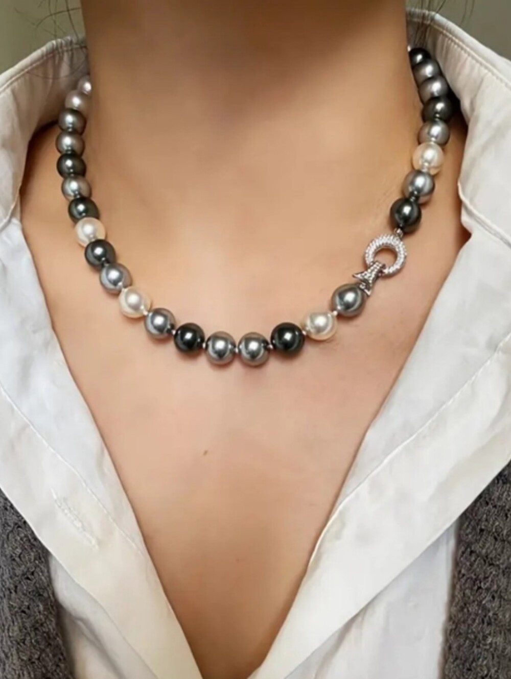 Pearl Necklace With White Rhodium Pave Clasp - Picture 4 of 4
